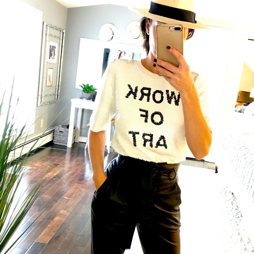 White WORK OF ART sequin disc shirt sleeve shirt M